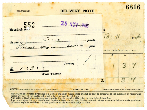 Old British receipt for coal delivery, dated 1946. Personal details and company details removed.