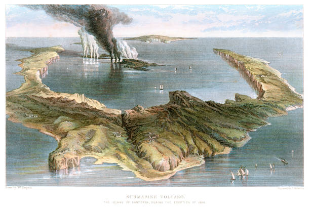 Submarine Volcano "Vintage Colour Lithograph from 1884 of a submarine volcano by the Island of Santorini during the eruption of 1866. Santorini officially Thira is an island located in the southern Aegean Sea, about 200 km southeast from Greece's mainland. Santorini is essentially what remains after an enormous volcanic explosion that destroyed the earliest settlements on what was formerly a single island, and created the current geological caldera." santorini stock illustrations