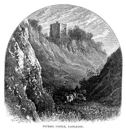 Vintage engraving from 1879 of Peveril Castle  (also Castleton Castle or Peak Castle) is a medieval building overlooking the village of Castleton in the English county of Derbyshire.