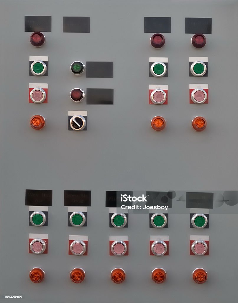 Power Control Panel Control panel for a grain elevator, not that that is important. Lots of buttons and lights and tags. Color Image Stock Photo