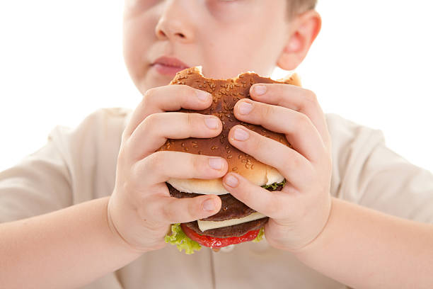 hamburger - overweight child eating hamburger zdjęcia i obrazy z banku zdjęć