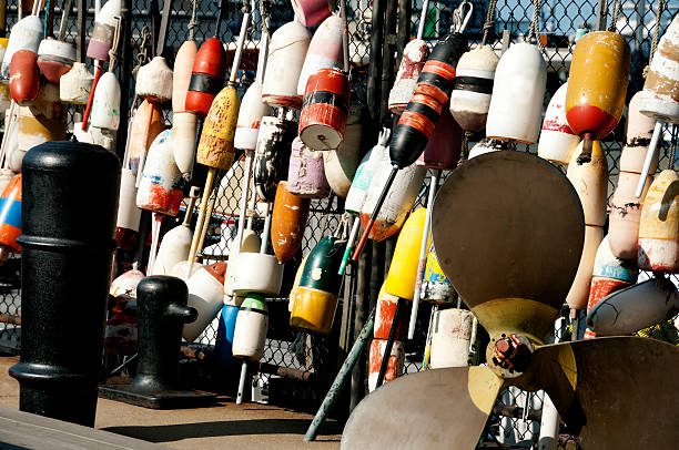 buoys at the harbor stock photo