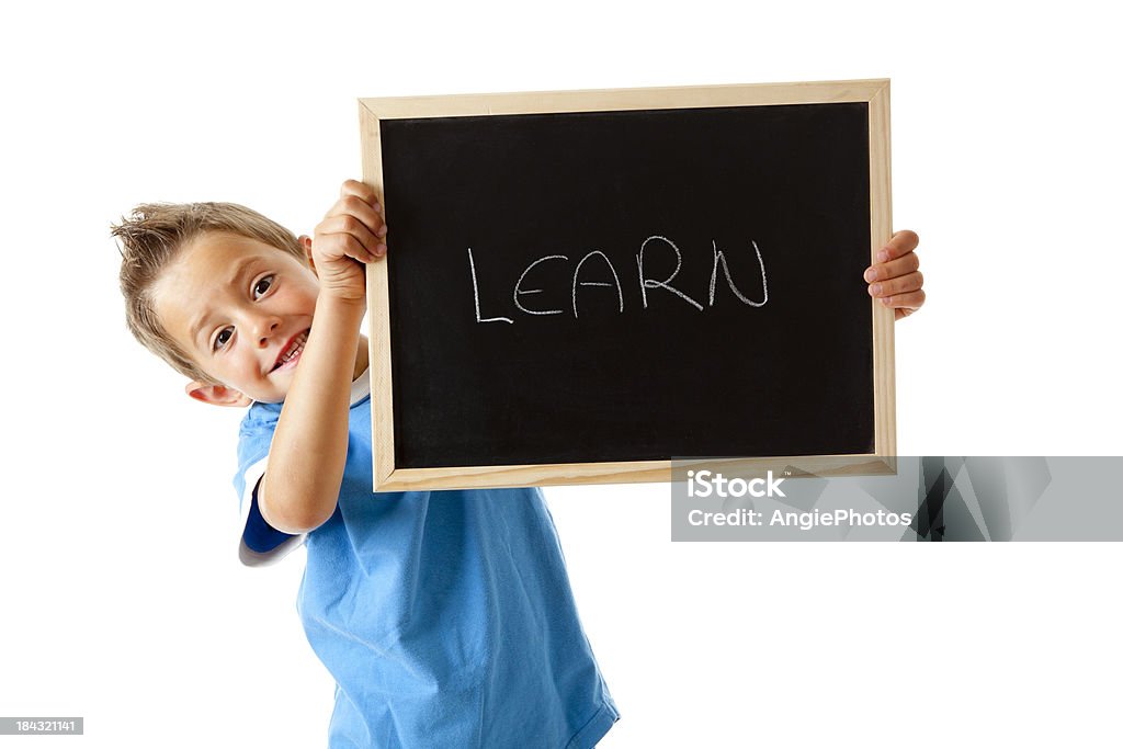 Rapaz segurar sinal com a palavra Aprender - Royalty-free Criança Foto de stock