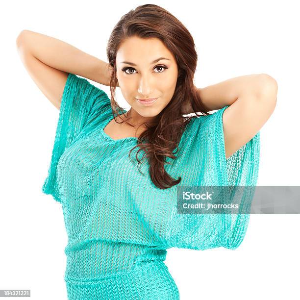 Foto de Sexy Mulher Hispânica Elegante Turquesa Em Cima e mais fotos de stock de 20 Anos - 20 Anos, Adulto, Azul