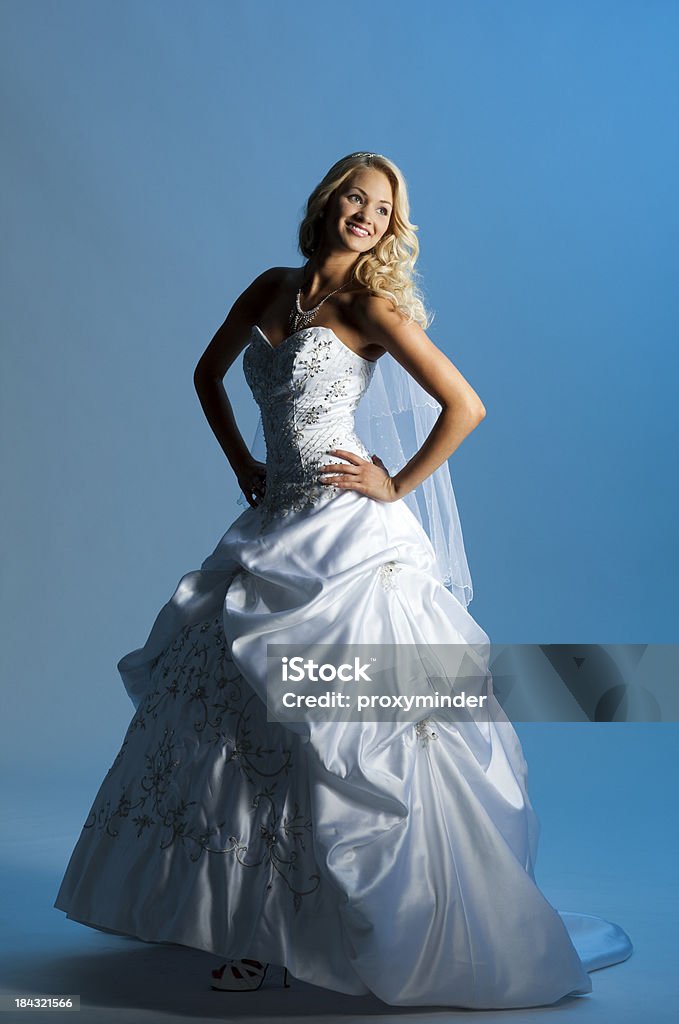 Szczęśliwy piękna panna młoda na niebieskim tle - Zbiór zdjęć royalty-free (Biały)
