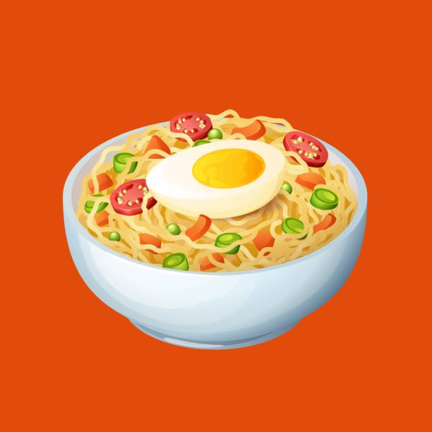 ilustraciones, imágenes clip art, dibujos animados e iconos de stock de plato de espaguetis con huevo frito y verduras - n64