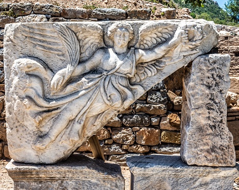 Ephesus, Turkey - 07/16/2023: Relief of Winged Goddess Nike Part of the Hercules Gate in the Ancient Greek City Of Ephesus