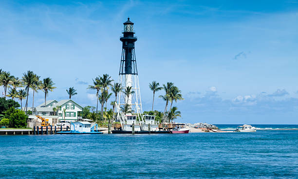 Hillsboro Inlet Lighthouse - Octagonal Iron Pyramid-shaped Tower "The Hillsboro Lighthouse, Pompano Beach, Florida.I invite you to view some of my other Images from Florida:" inlet photos stock pictures, royalty-free photos & images