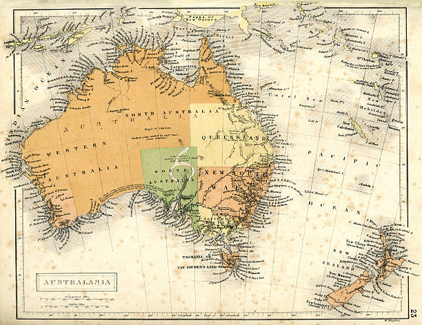 Antique map of Australia and New Zealand Vintage map of Australia and New Zealand in 1861 new zealand australia cartography western australia stock illustrations