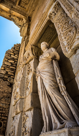 Ephesus, Turkey - 07/16/2023: Statue of Sophia Wisdom at the Library of Celsus in the Ancient Greek City Of Ephesus