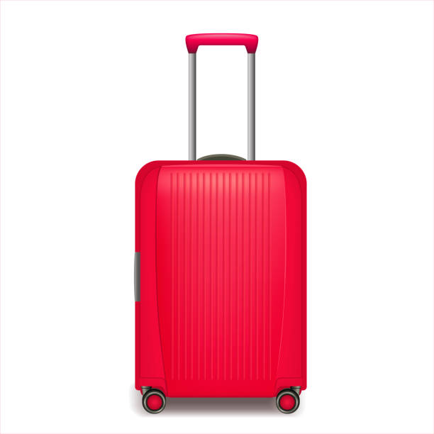 istock Realistic red pink wheeled travel bag with hand. 1843239018