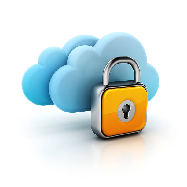 Padlock over clouds symbolizing a secure cloud server stock photo