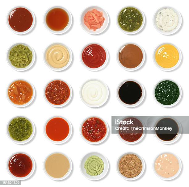 Isolated Condiment Collection Assortment Stock Photo - Download Image Now - High Angle View, Salsa Sauce, Savory Sauce