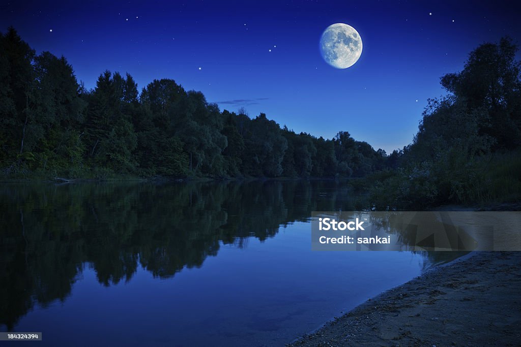 Luna nascente sopra la foresta fiume - Foto stock royalty-free di Fiume