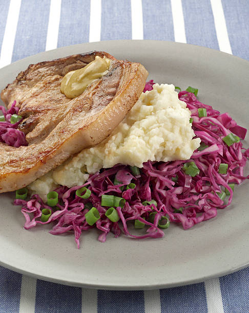 Pork staek Pork steak with mash potato and red cabbage staek stock pictures, royalty-free photos & images