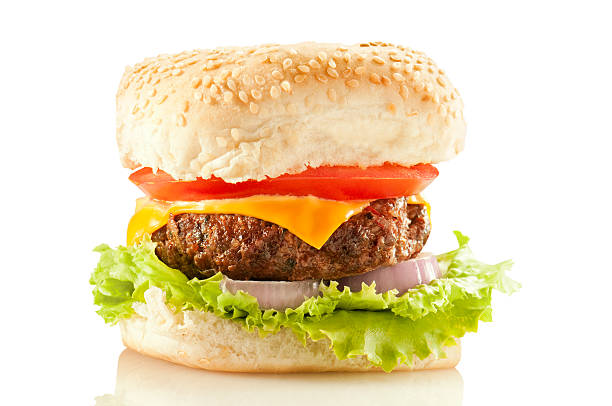 istock Cheeseburger with onion, tomato and lettuce isolated on white 184324443
