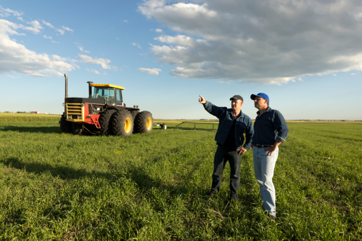 Two farmers in conversation in a field in front of a tractor.