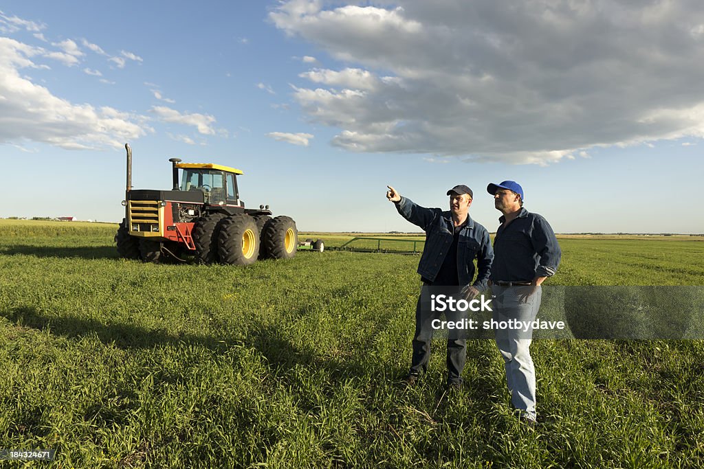 Farmer Teamwork Two farmers in conversation in a field in front of a tractor. Farmer Stock Photo