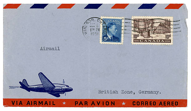 Envelope from Windsor, Ontario, 1951, to 'British Zone, Germany' "An airmail envelope posted in Windsor, Ontario, Canada, in 1951, to the 'British Zone, Germany'. Stamps show native Canadians drying skins and King George VI.Please see my lightboxes for lots more." george vi stock pictures, royalty-free photos & images