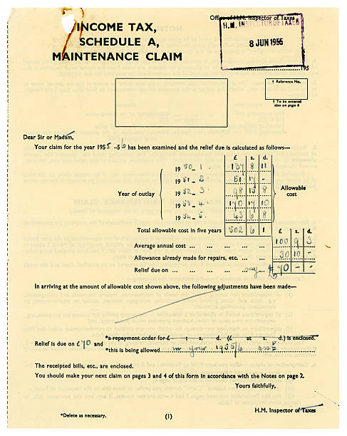 british impôt sur le revenu'schedule a'des travaux de maintenance formulaire de réclamation, 1955 - sales tax photos et images de collection