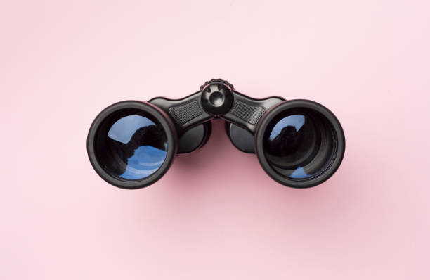istock Black binoculars on color background. Top view 1843255418
