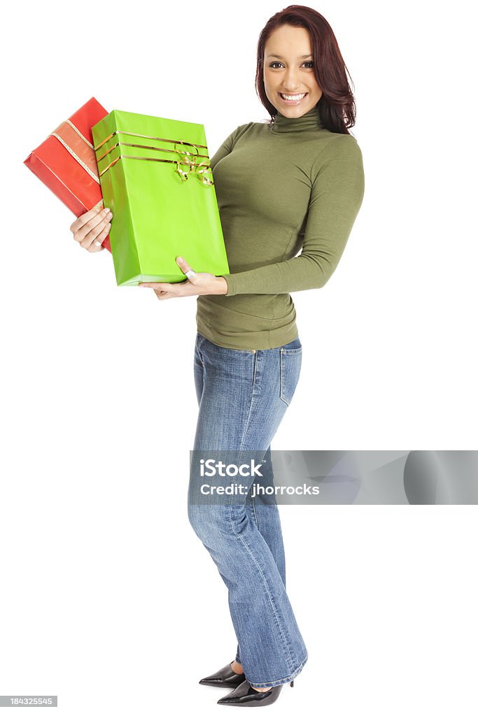 Atraente Jovem mulher com caixas de presente vermelho e verde - Foto de stock de 20 Anos royalty-free