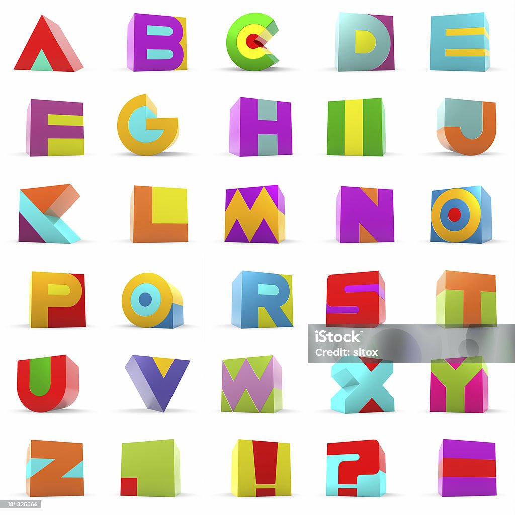 Toy Block Alphabet Letters Playful block alphabet letters. 3d render isolated on white. Alphabet Stock Photo