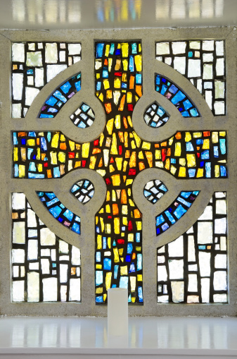 Aichi ,Japan – May 30 2020:This is the stained glass of the Catholic Church.This Catholic church was built in 1891 in Kyoto where Xavier was located. It is a rose window design.The rose window is a Gothic church feature.