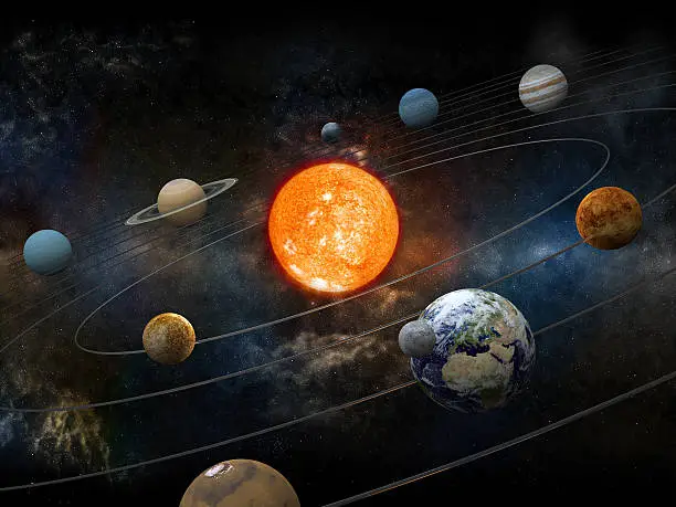 "Solar system model with sun at the center, nine planets and moon orbiting. High resolution 3D render.Opacity and bump textures for the earth and other planets map prepared via tracing images from www.nasa.gov.Earth texture:http://veimages.gsfc.nasa.gov/2431/land_ocean_ice_cloud_2048.jpg"