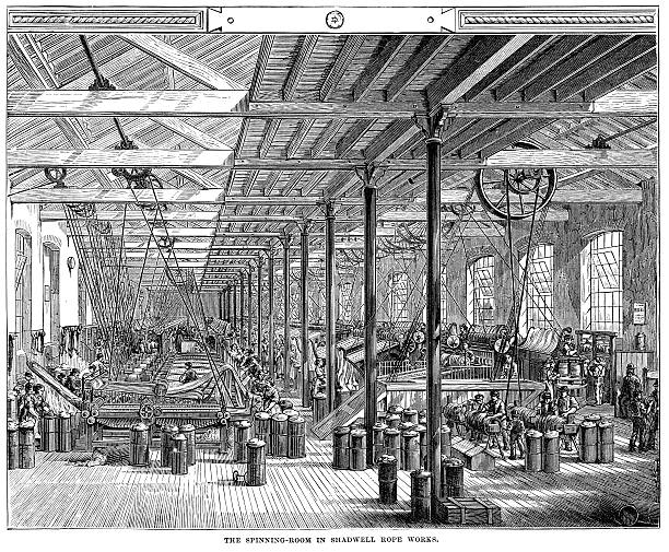 spinning-raum in shadwell seil factory - industrielle revolution stock-grafiken, -clipart, -cartoons und -symbole