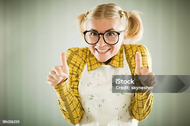 Funny Looking Woman Showing Ok With Her Thumb Stock Photo - Download Image Now - One Woman Only, Women, Apron