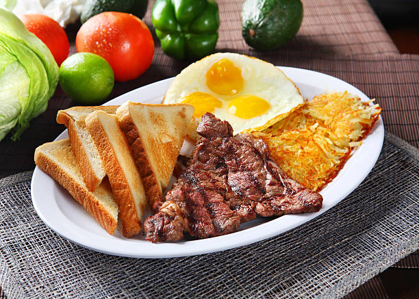 Beef Steak & Egg "Beef Steak, eggs, hash brown & Toast breakfast (or Lunch)" steak and eggs breakfast stock pictures, royalty-free photos & images