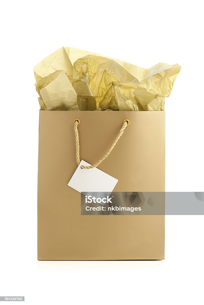 Gold bolsa de presente em branco com lenços de papel e giftcard - Foto de stock de Bolsa de Presente royalty-free