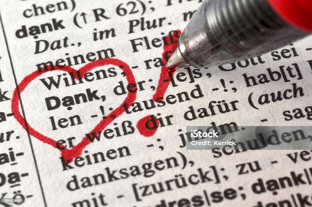 Dank - German word with drawing Collection of german words. Here shown: Dank (Thanks). Gratitude Stock Photo