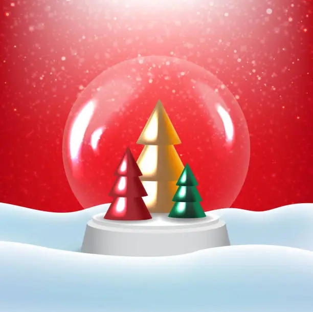 Vector illustration of Christmas Snow Globe Red Background And Christmas Tree