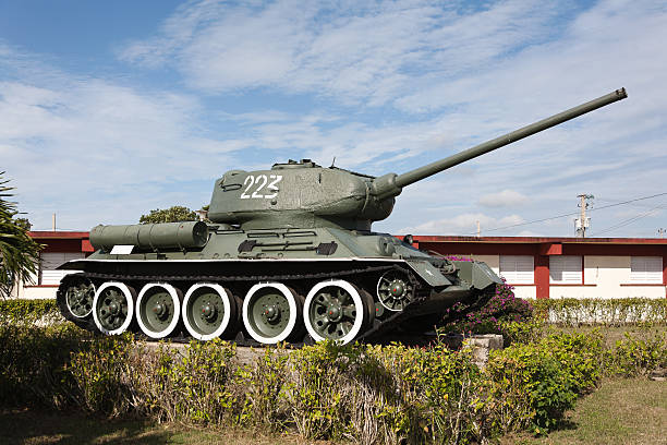 Russian tank used as a monument "A Russian T-34 tank is placed as a monument at the Bay of Pigs, to commemorate the invasion." bay of pigs invasion stock pictures, royalty-free photos & images