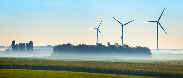 霧のかかった朝;田園風景のパノラマに広がるウィスコンシンの風力タービン - morning cereal plant fog corn crop ストックフォトと画像