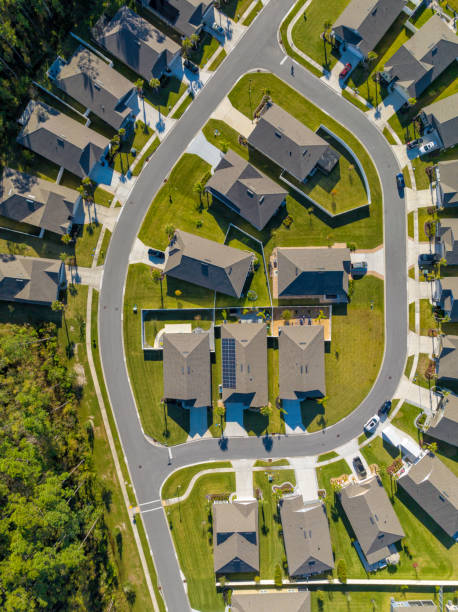 istock Aerial top view of typical American home development with asphalt road 1843293802