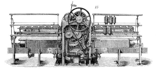 retro maszyn – podręcznik maszyny działającej bawełny - textile industry loom machine textile stock illustrations