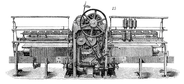 Vintage engraving from 1860 of a Self acting cotton machine