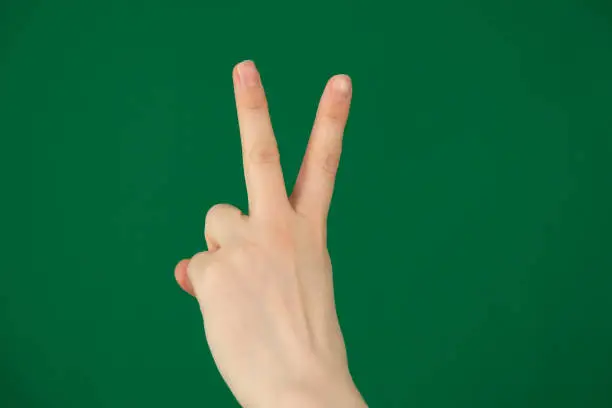 Handsign Victory Backside. Isolated expression of emotions with hands unrecognizable people hands palms fingers close-up on a green background chromakey feelings