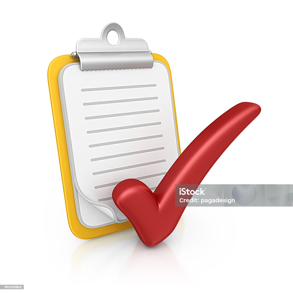 clipboard and checkmark isolated cartoon clipboard and red checkmark.3d render. Three Dimensional Stock Photo