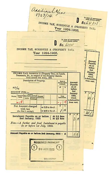 "Two receipted Income tax Schedule A Property Tax bills, for 1923-4 and 1924-5 from Scotland.Please see  my lightboxes for lots more bills and other interesting items."