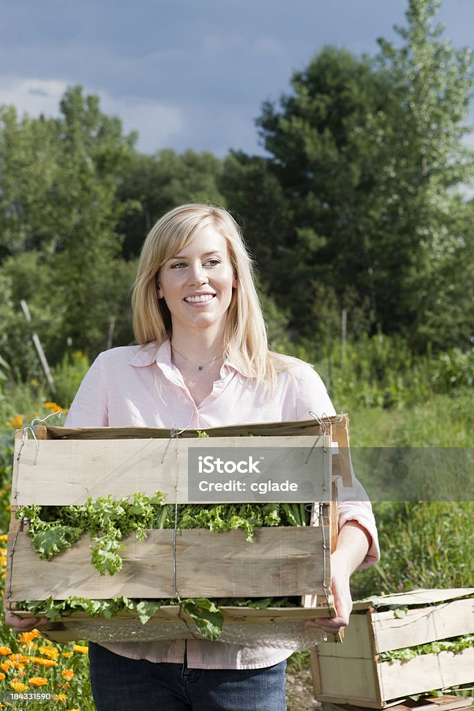 Donna portare cassetta di lattuga - Foto stock royalty-free di 20-24 anni