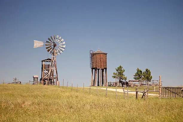 Structures from the 1800s on a farm in the American midwest.