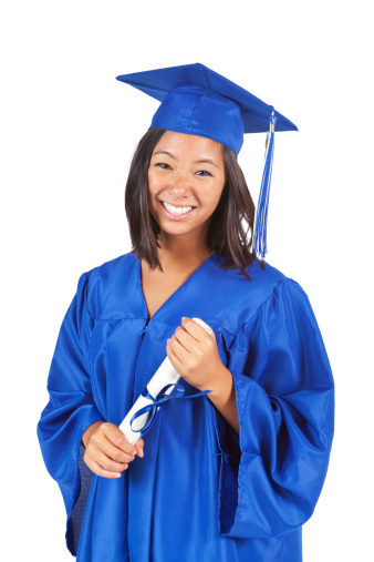 Subject: A happy smiling young Asian woman graduating high school student with diploma. Isolated on a white background.