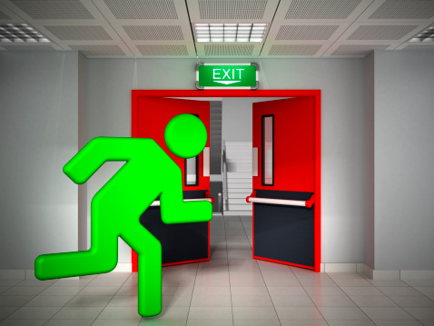 Green stick figure running through the emergency exit door.Similar images: