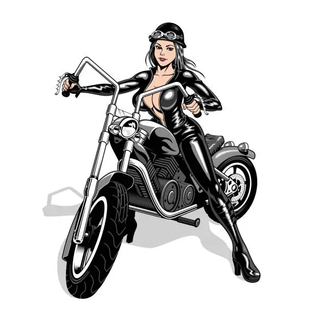 Vector illustration of Biker woman in black latex suit driving chopper motorcycle. Attractive girl and motorbike. Vector illustration.