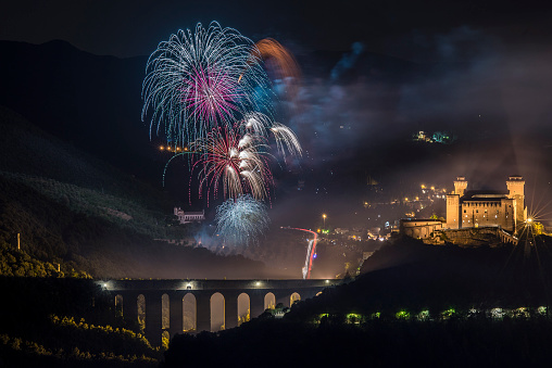 Spoleto, Perugia, Umbria, Italy - 11 July 2016: The spectacular fireworks in Spoleto, on the occasion of the Festival dei Due Mondi, an international event of art and culture.  show.  Every year from the end of June to mid-July