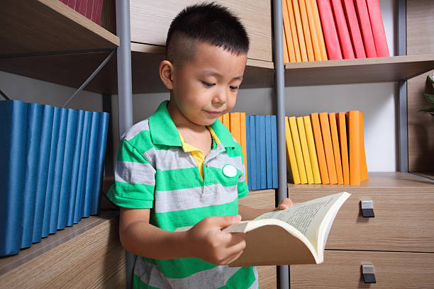 kleine junge im arbeitszimmer - bibliomania stock-fotos und bilder